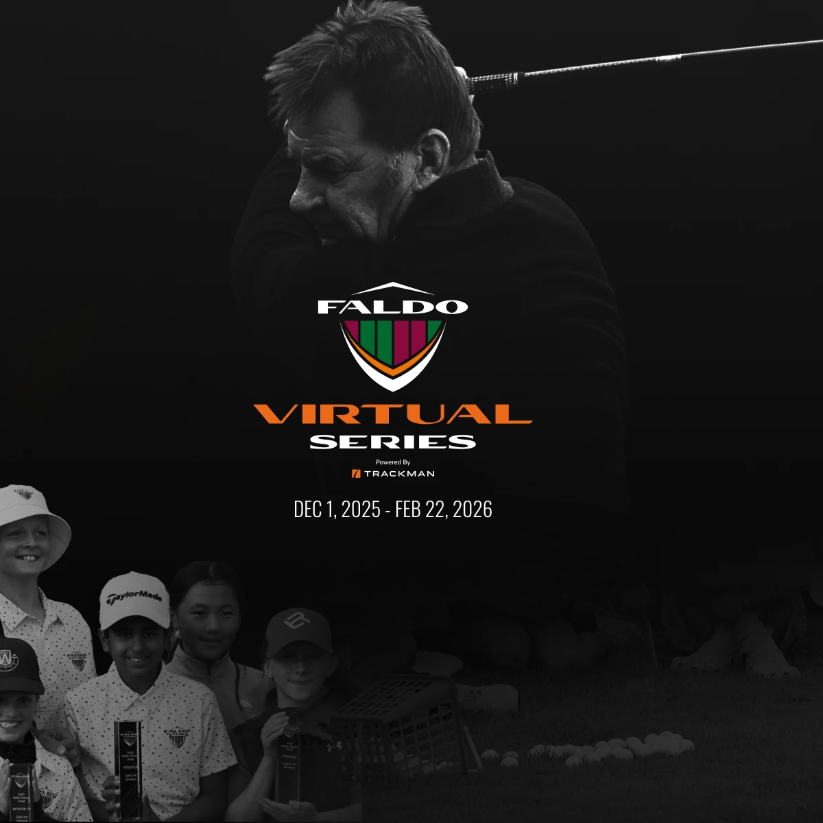 A golfer swings a club in a dark-themed poster for the Faldo Virtual Series, dated December 1, 2025, to February 22, 2026.
