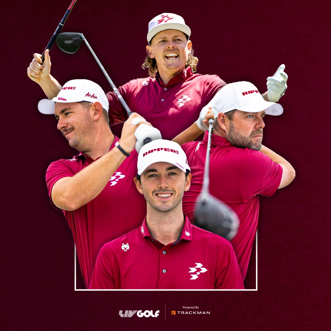 Four golfers in matching burgundy outfits and hats pose confidently, with logos visible, set against a burgundy background.