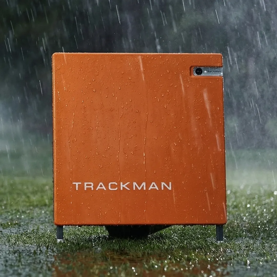 Orange Trackman device standing on wet grass under heavy rain, with droplets visible on the surface.