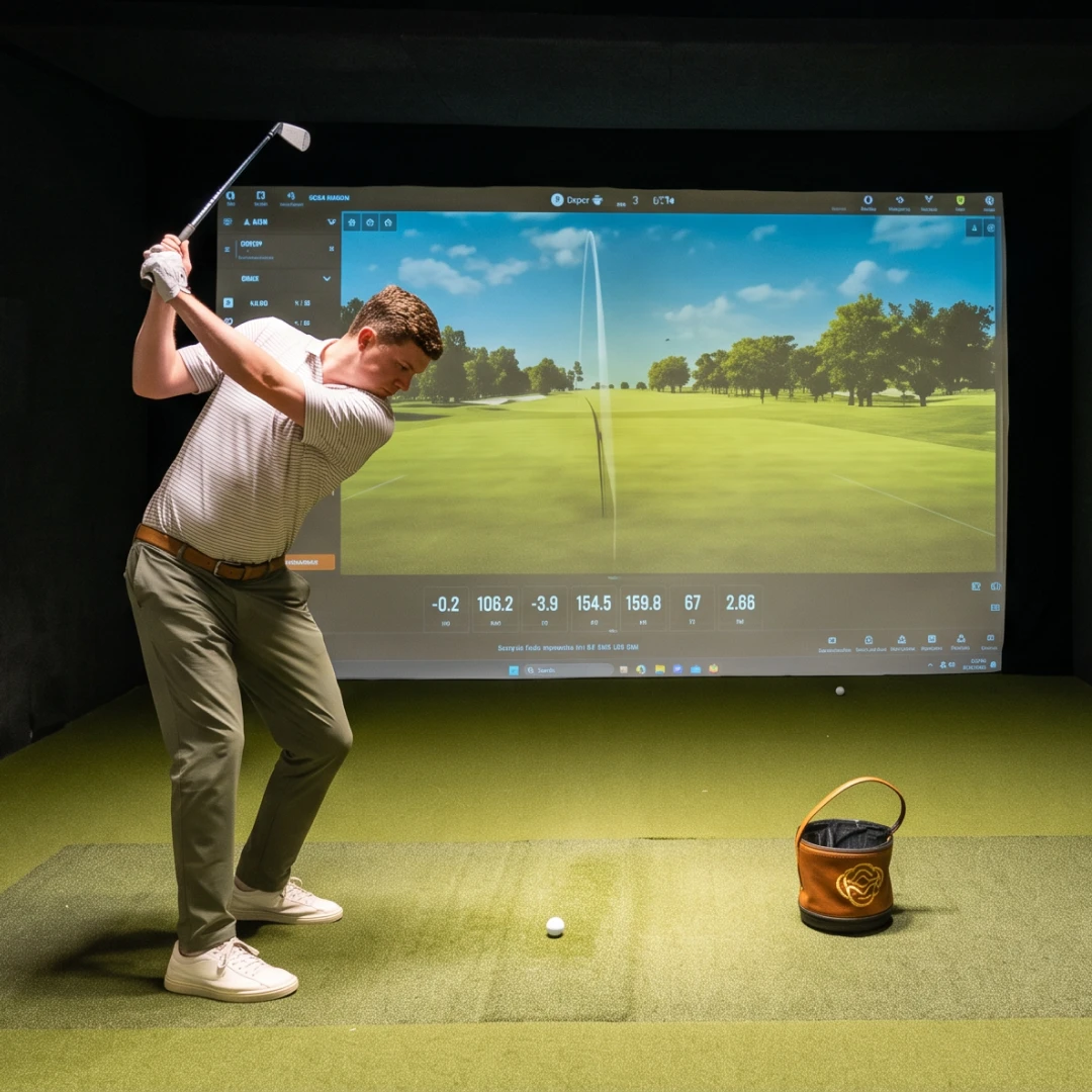 A person swings a golf club indoors, facing a projector screen displaying a virtual golf course, with a golf ball on the mat and a bucket nearby.