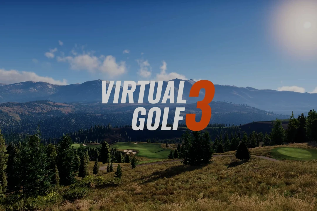Scenic mountain landscape with green golf course and trees, under a clear blue sky. Text in the center says "Virtual Golf 3" in bold font.