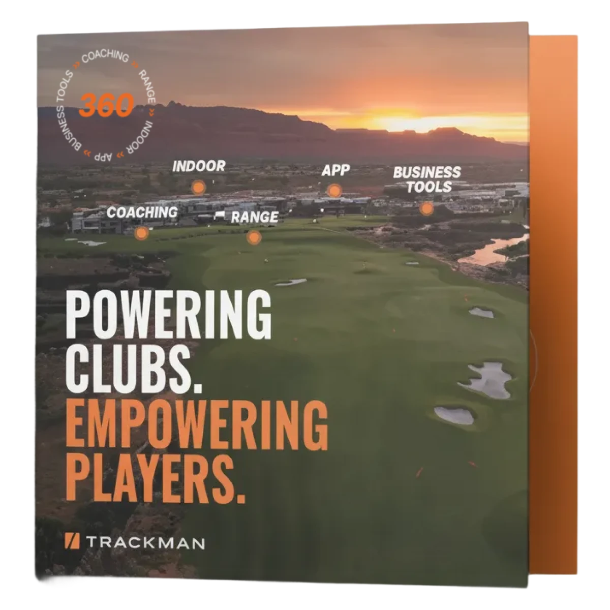 Cover featuring a scenic golf course at sunset, with text: "Powering Clubs. Empowering Players." Various offerings listed: Indoor, Range, Coaching, App.