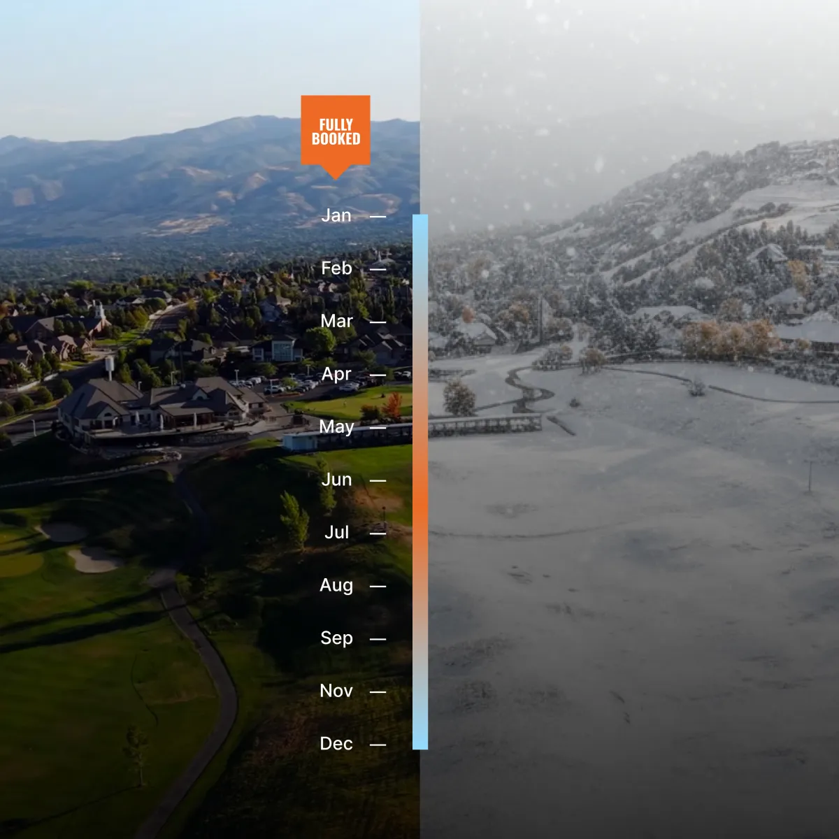 Split image showing a lush, green landscape on the left and a snowy, winter scene on the right, with a calendar in the center.