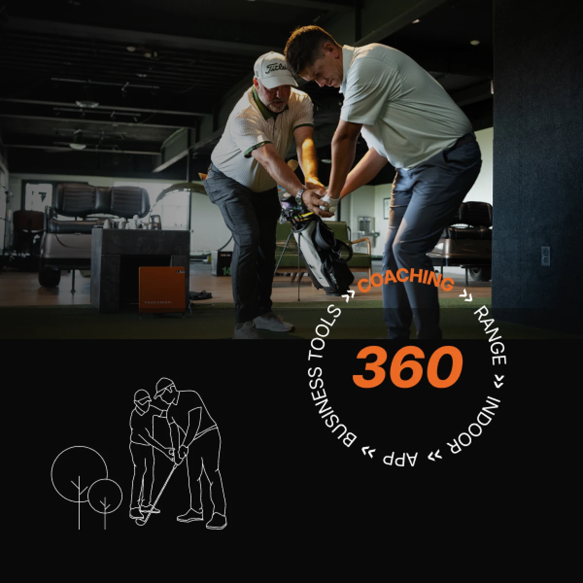A golf instructor guides a player on swing technique indoors. Overlay text: "360 COACHING BUSINESS TOOLS RANGE INDOOR APP."