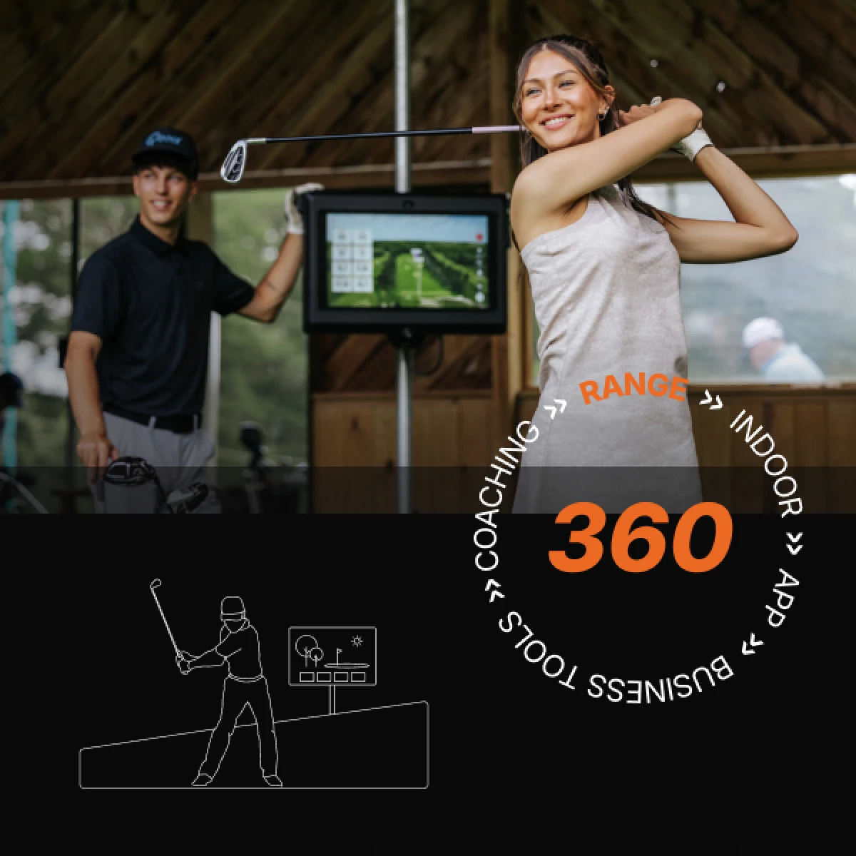A woman swings a golf club indoors. A man watches her. A screen displays golf data. Words: "360 Coaching, Range, Indoor, App, Business Tools."