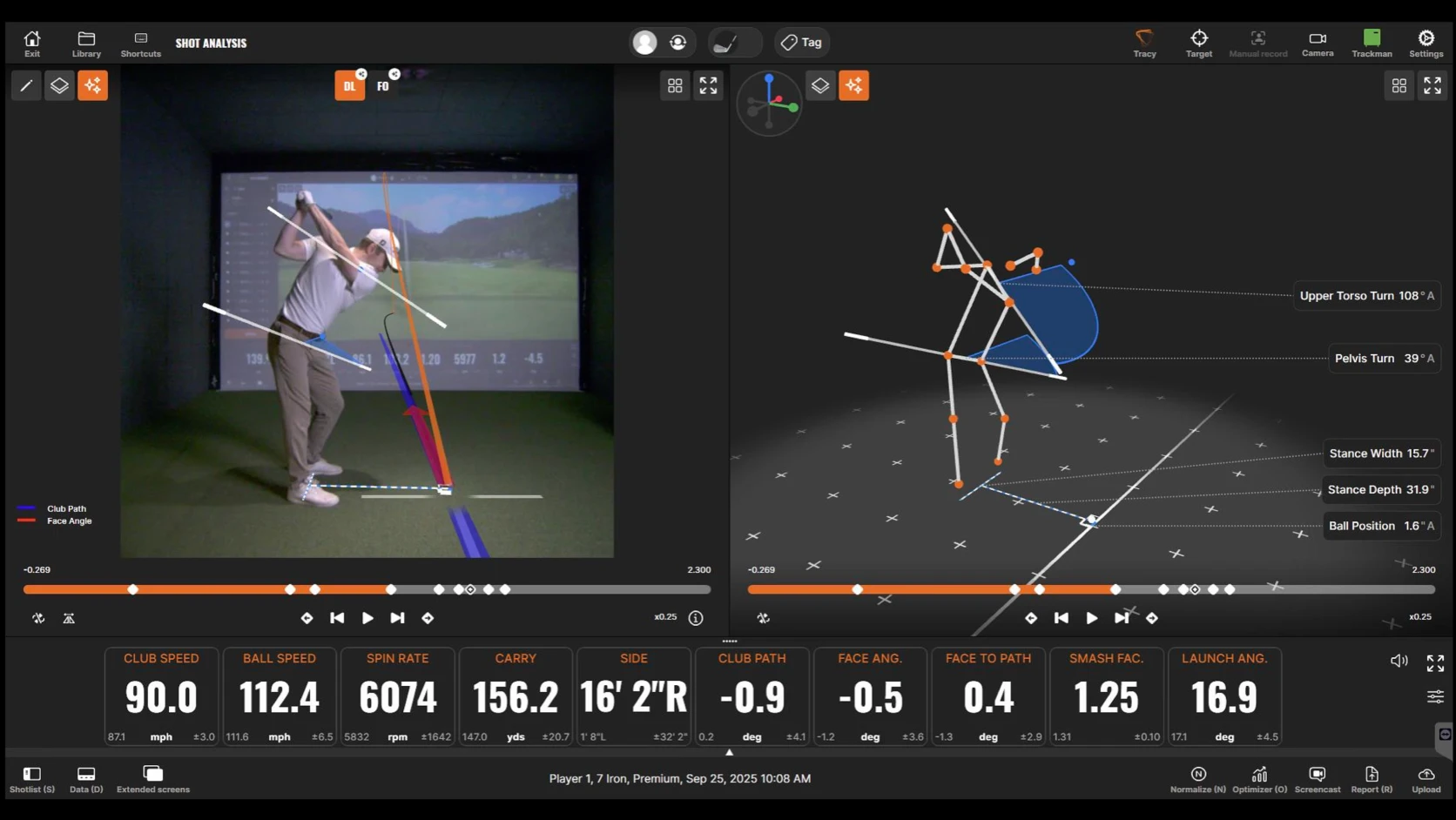 Split-screen image of a golfer's swing: left shows real-life action in a simulator, right displays a digital motion analysis with angles and metrics.
