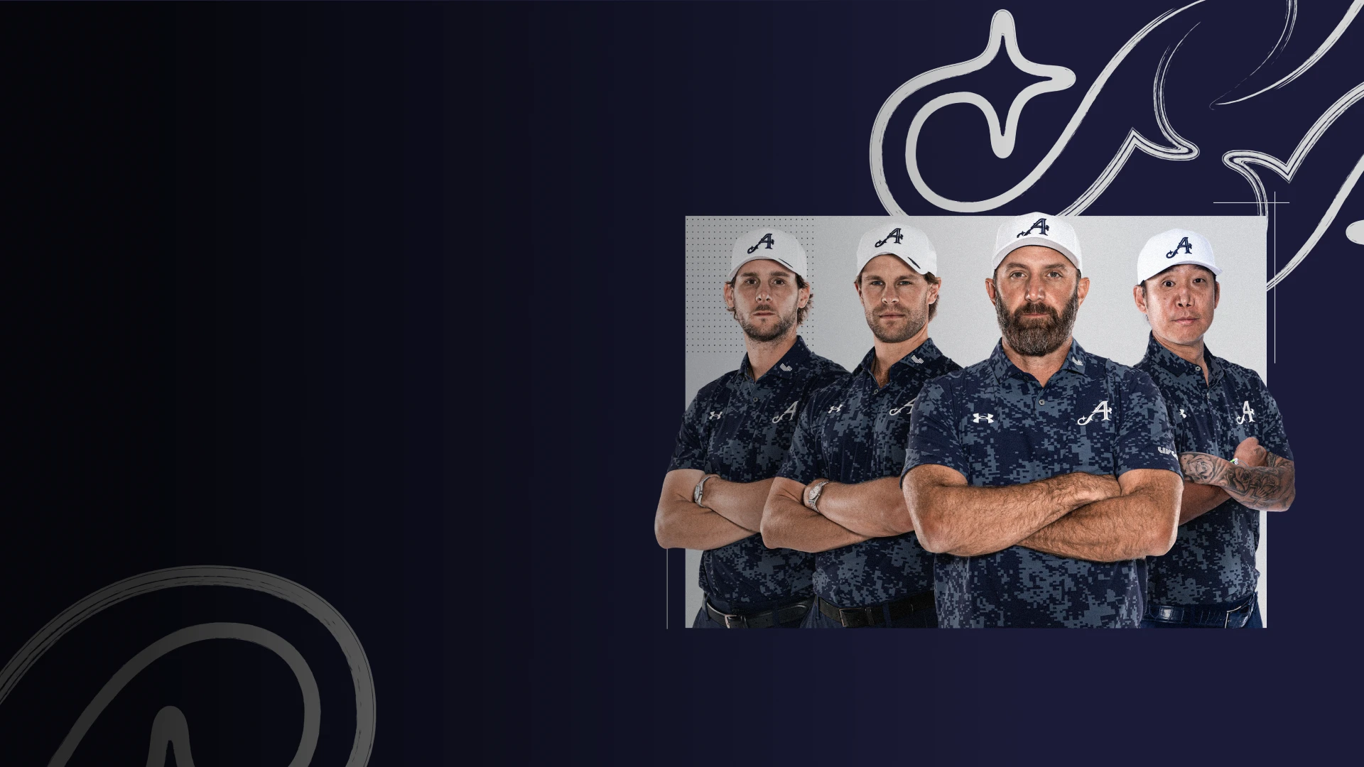 Four men in dark camouflage polo shirts and white caps stand side by side with arms crossed against a dark background.