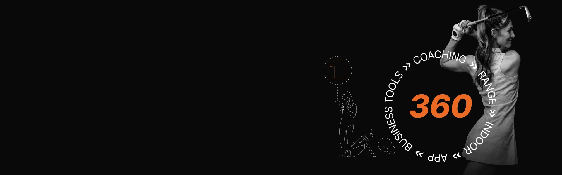 Woman swinging a golf club, surrounded by words like "Coaching," "Range," and "Business Tools," with "360" prominently displayed.