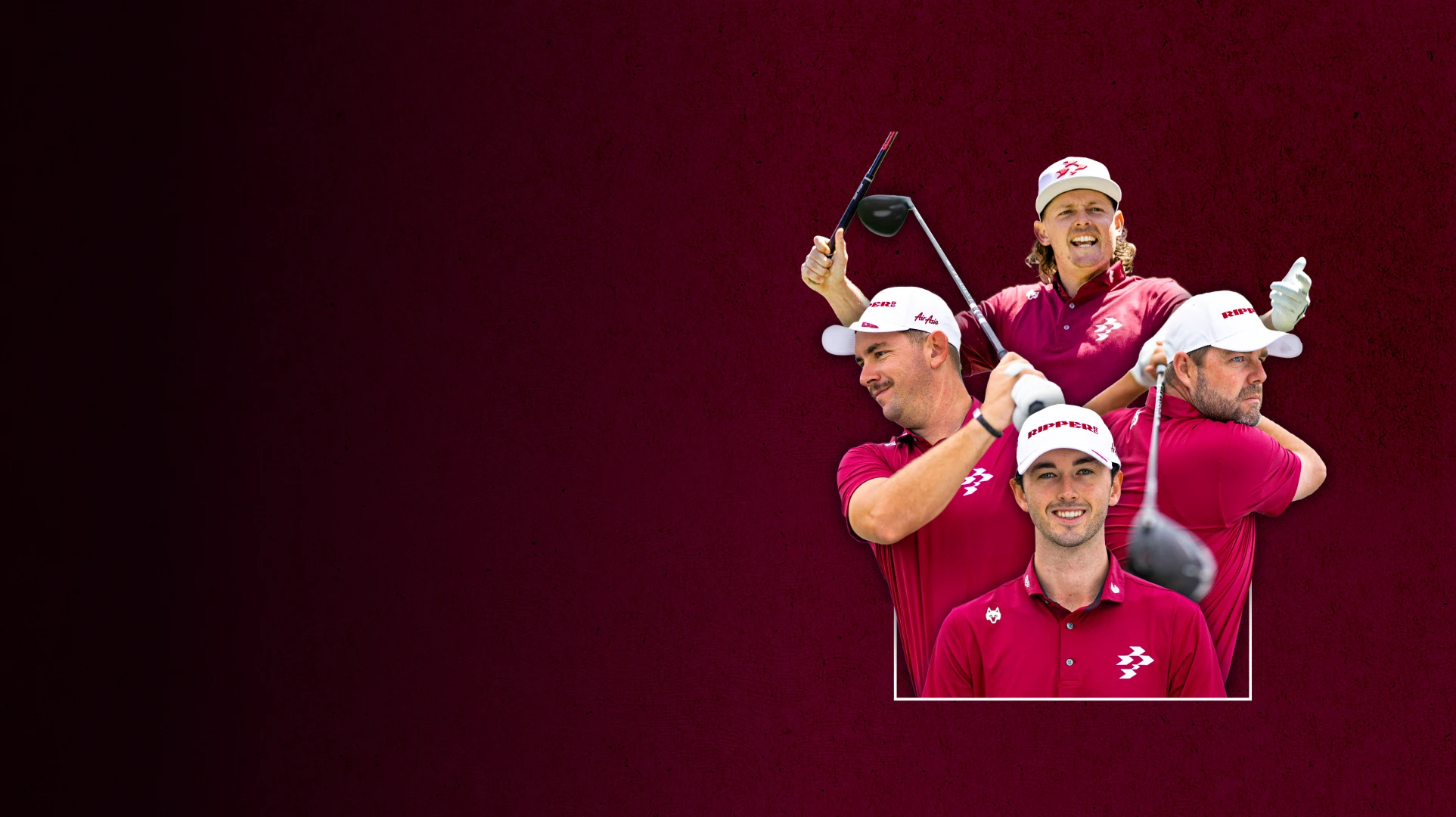 Four golfers in red shirts and hats, each in a different pose, with golf clubs. The background is a solid maroon color.