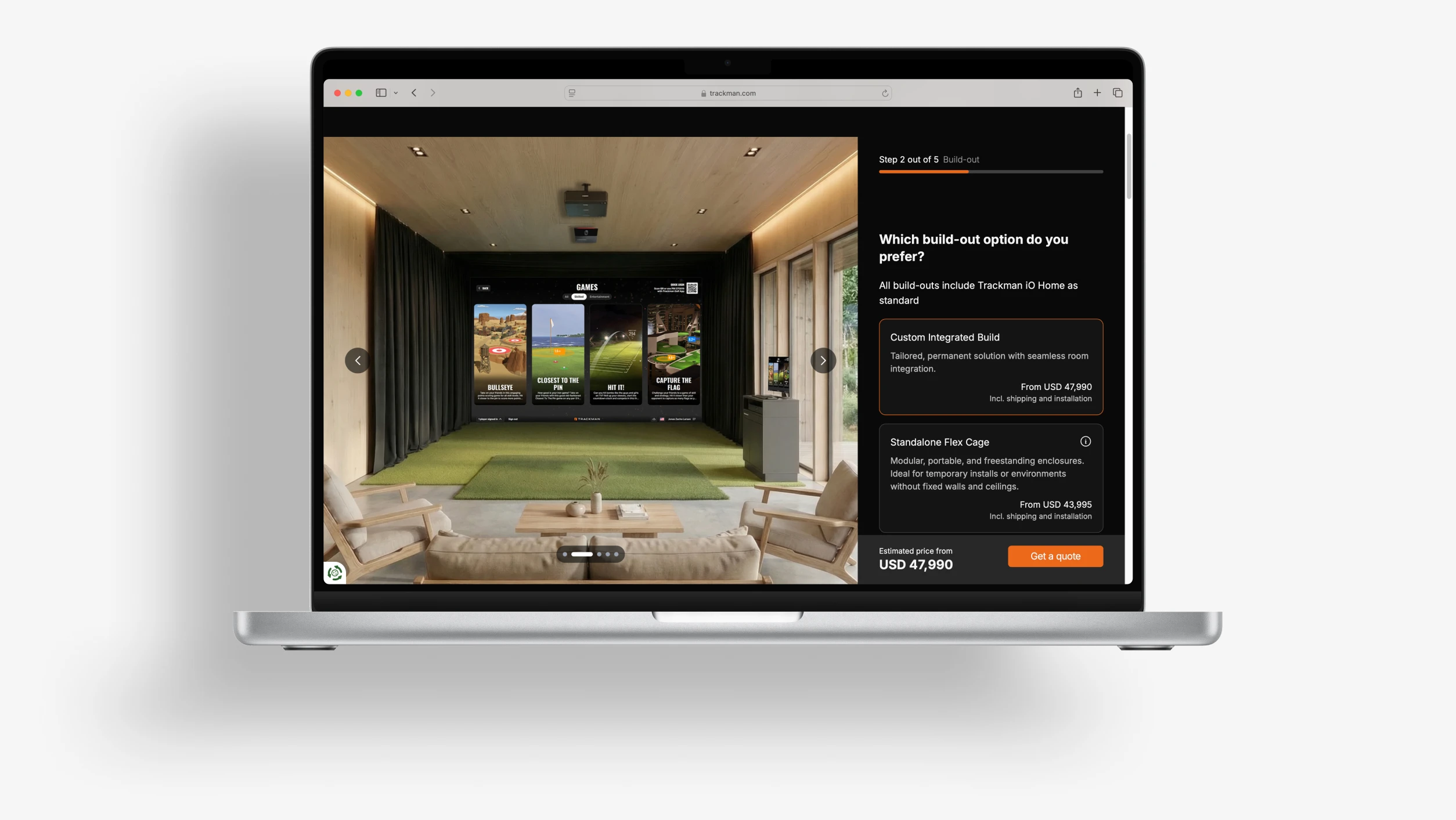 Laptop showing a golf simulator setup with build-out options and pricing details on the screen.