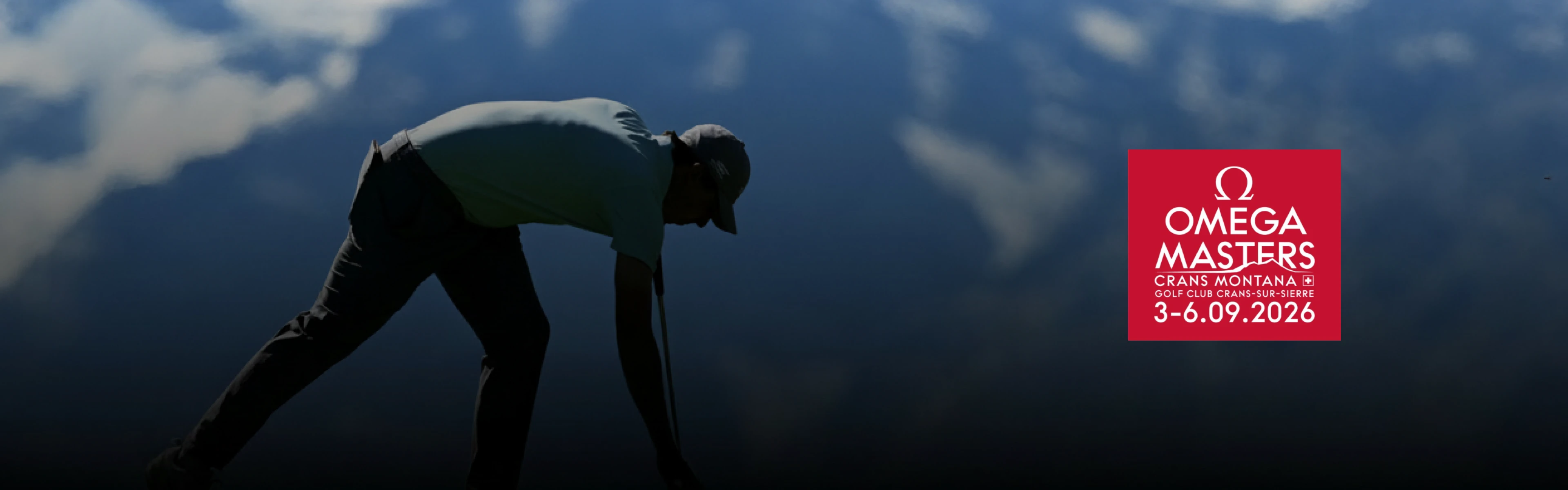 A golfer bends over on a scenic course with mountains in the background; Omega Masters 2026 event logo is on the right.