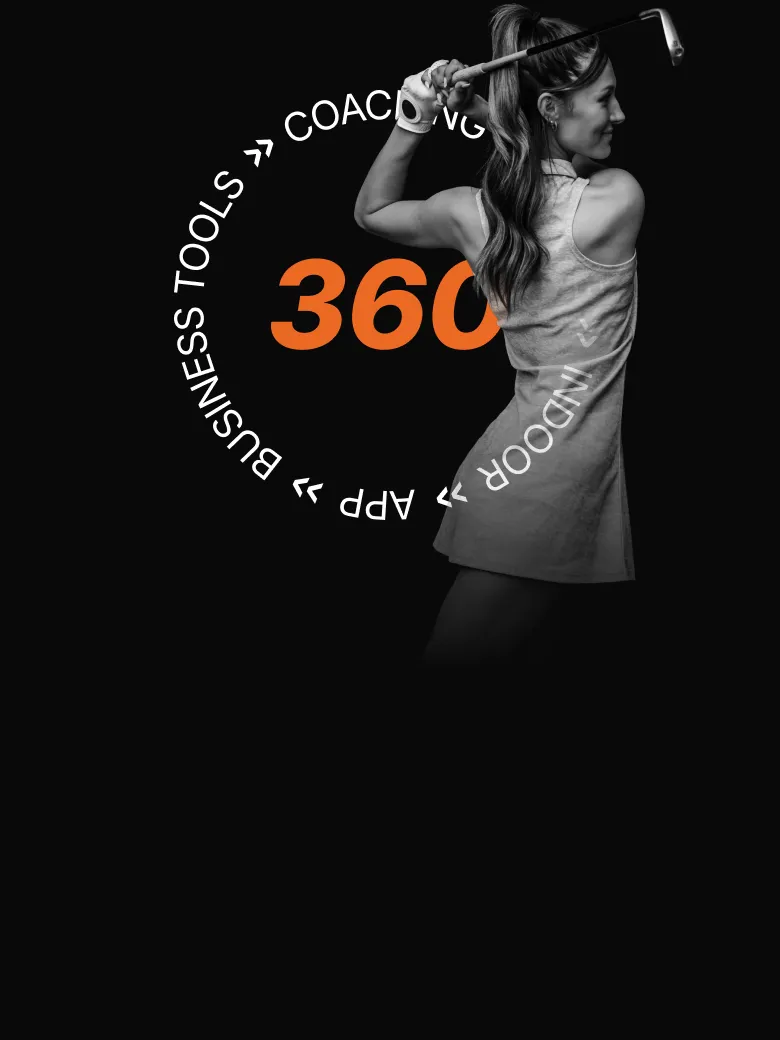 Woman swinging golf club, surrounded by text: "360," "Coaching," "Indoor," "App," "Business Tools," on a black background.