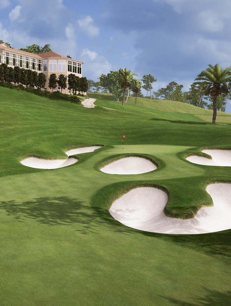 Olympic club lake golf course from Trackman Virtual Golf with sand bunkers, a red flag on the green, and a large clubhouse