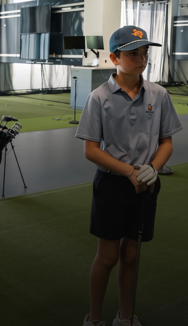 Young golfer in a sports facility holding a club, wearing a cap and golf glove, with screens and equipment in the background.