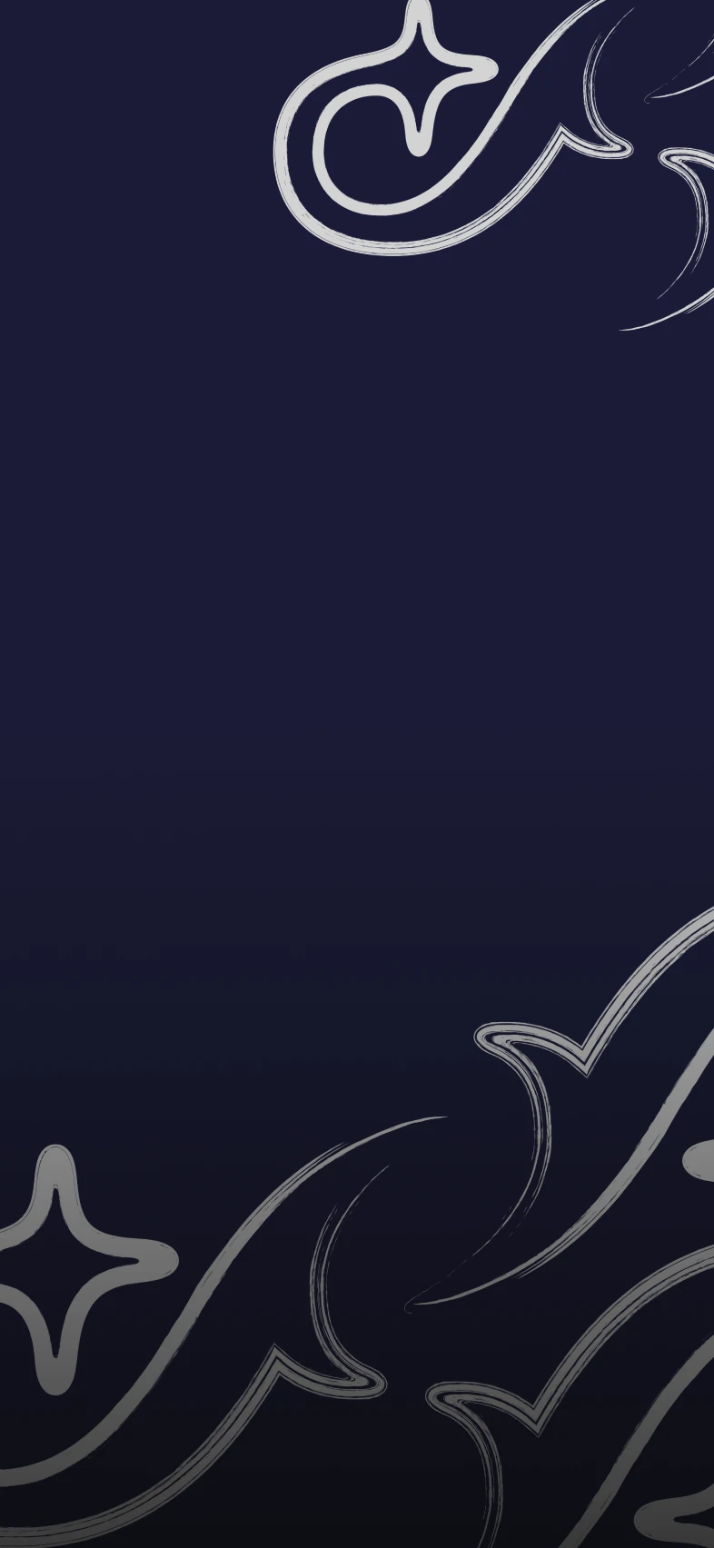 Dark blue background with white swirling lines and star-like patterns adorning the top right and bottom left corners.