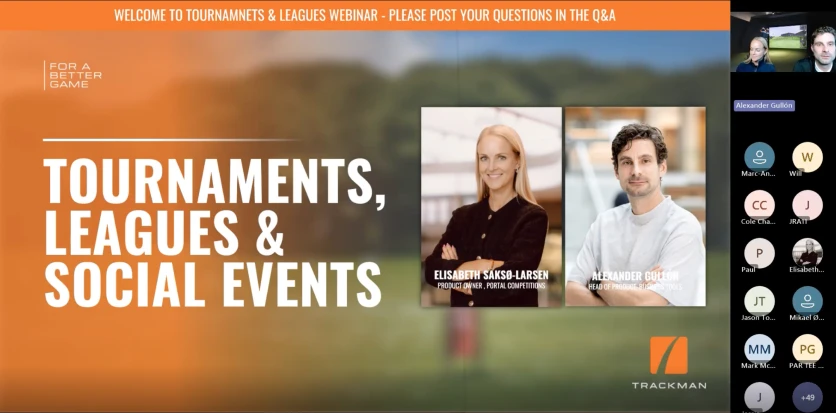 Webinar slide titled "Tournaments, Leagues & Social Events" with speaker photos and a video call participant grid on the right.