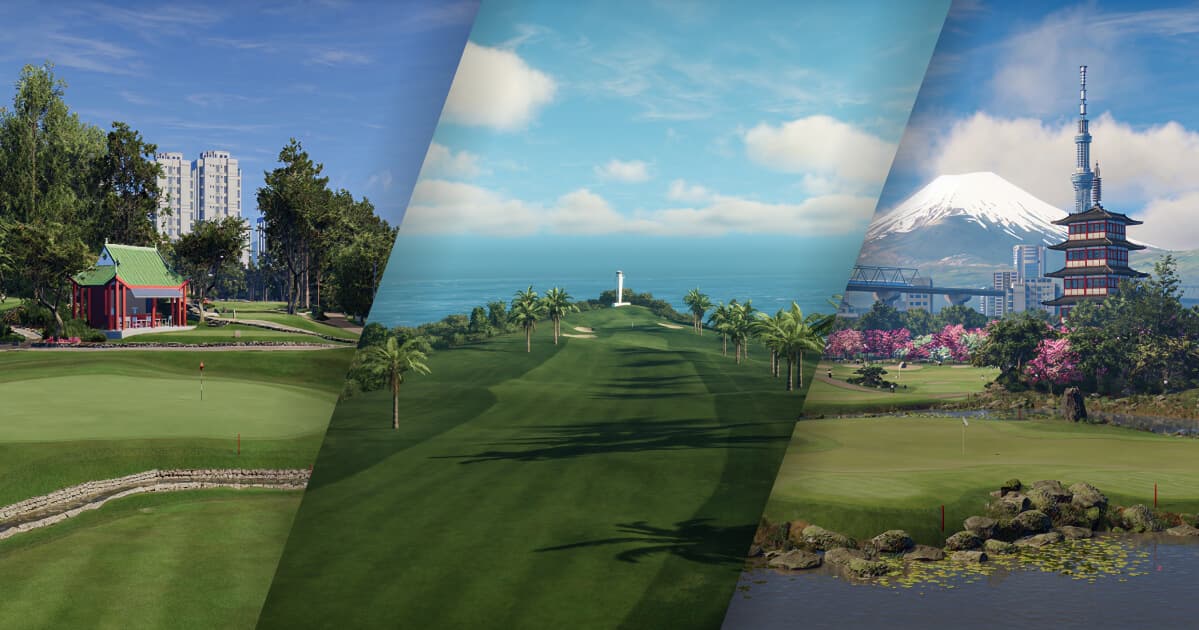 Three golf courses from Trackman Virtual Golf 3, including Tokyo Gardens, Hong Kong Golf Club and the Kawana Hotel Fuji Course.