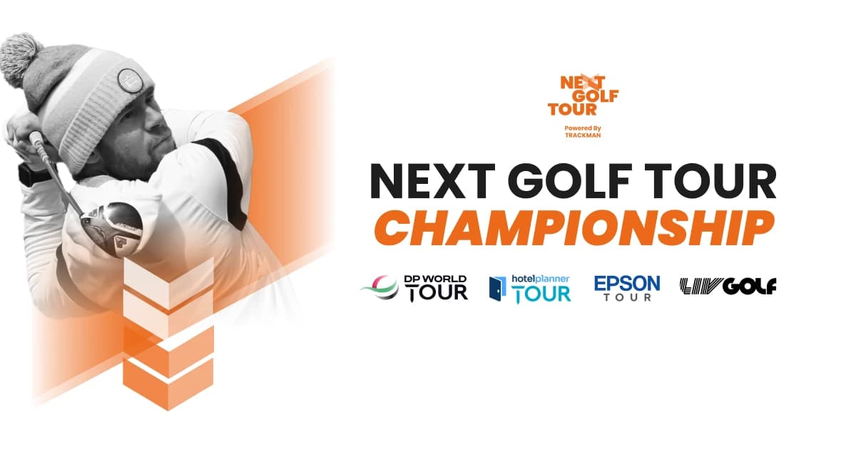 Golfer swinging a club, wearing a beanie, with logos for Next Golf Tour, DP World Tour, HotelPlanner Tour, Epson Tour, and LIV Golf.