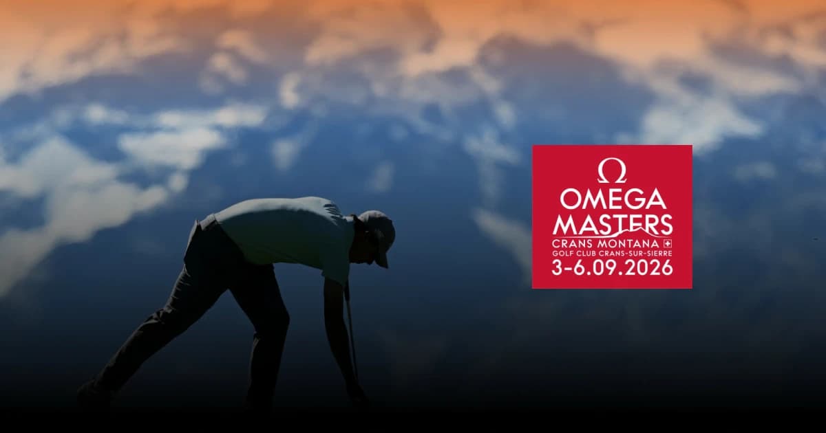 Silhouette of a golfer bending over with a cloudy sky backdrop. Omega Masters text overlay for Crans Montana event on September 3-6, 2026.