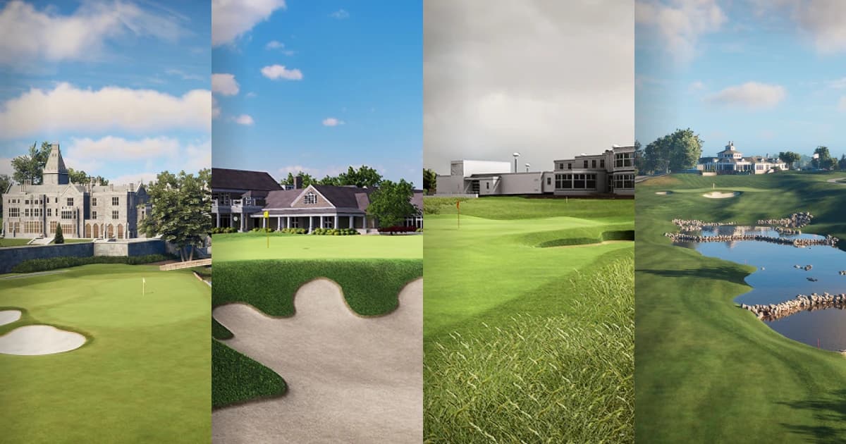 A collage of Ryder Cup golf courses, each featuring lush greens, sand bunkers, and clubhouses.