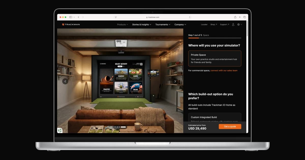 Laptop displaying a home golf simulator setup with options for private use, build-out preferences, and an estimated price of USD 29,490.