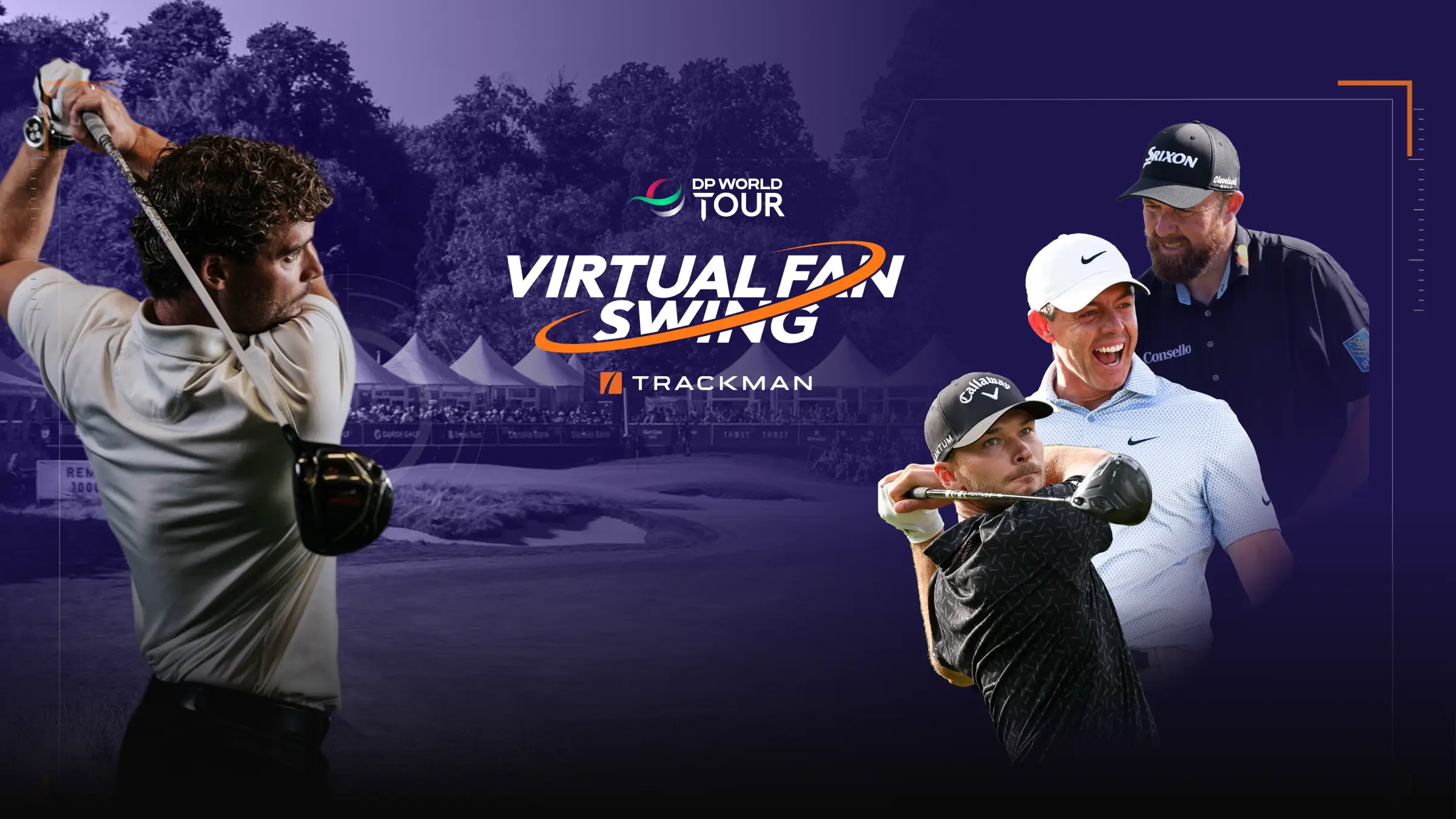 Golfers swinging clubs on a promotional graphic for the DP World Tour Virtual Fan Swing powered by TrackMan, with a golf course backdrop.