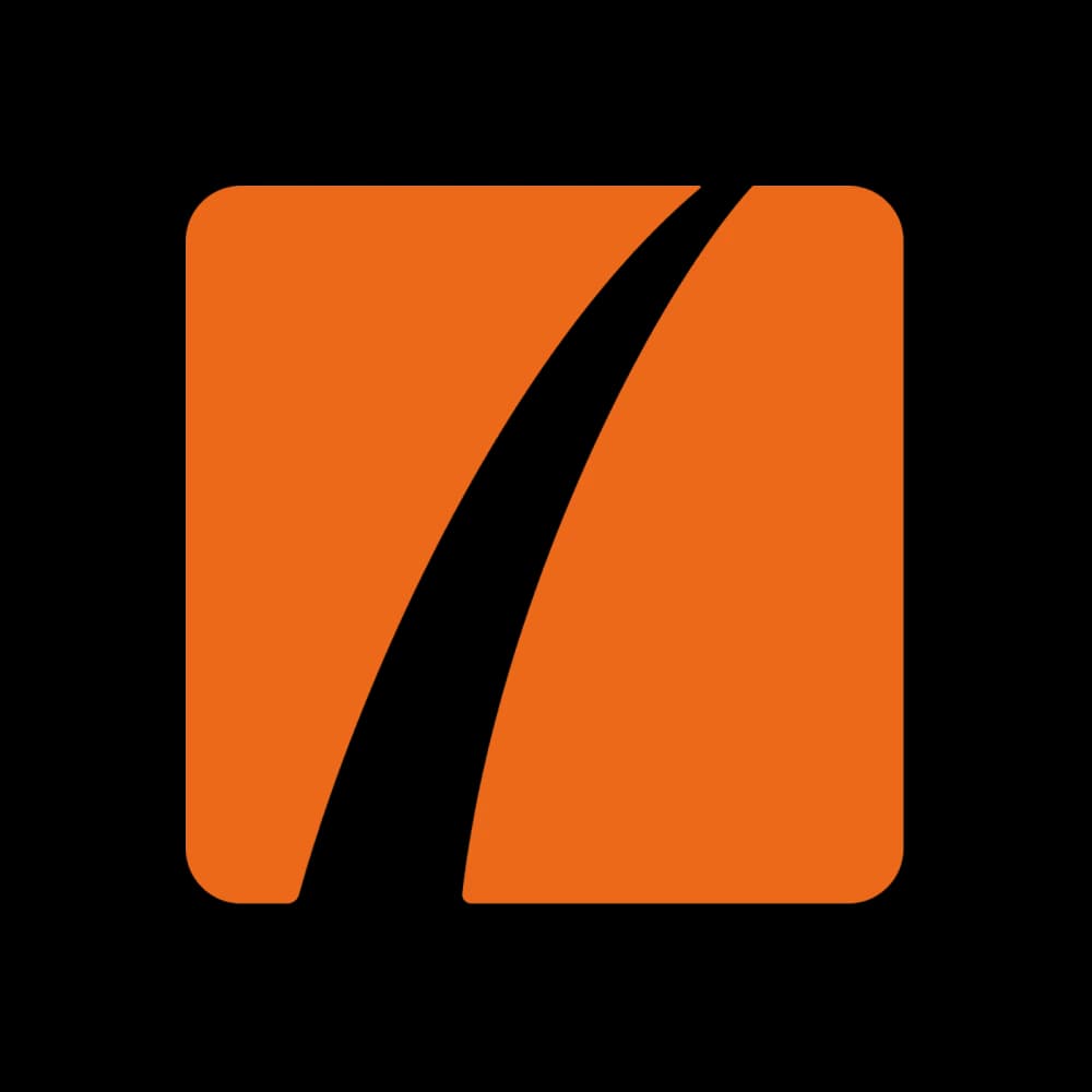 Orange square with a black curved line diagonally across, resembling a stylized road or path.