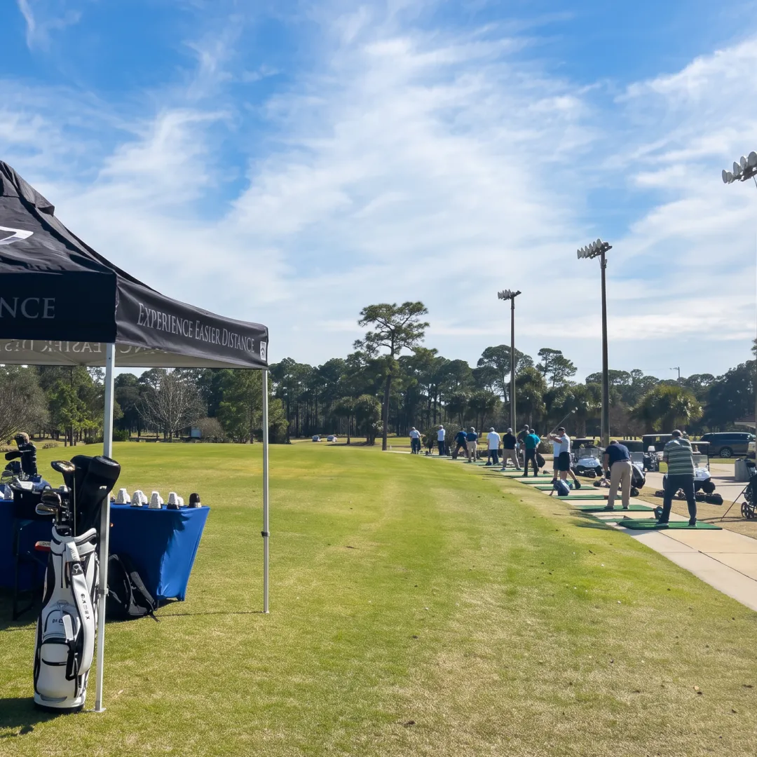People practicing golf swings at a driving range, with a golf equipment tent and clear blue sky in the background.