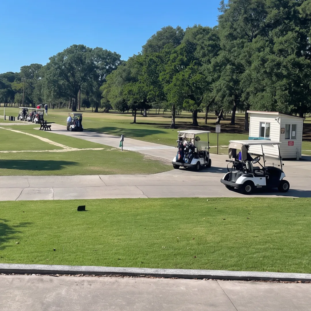Golf carts driving along a paved path on a sunny day at a golf course with green lawns and trees in the background.