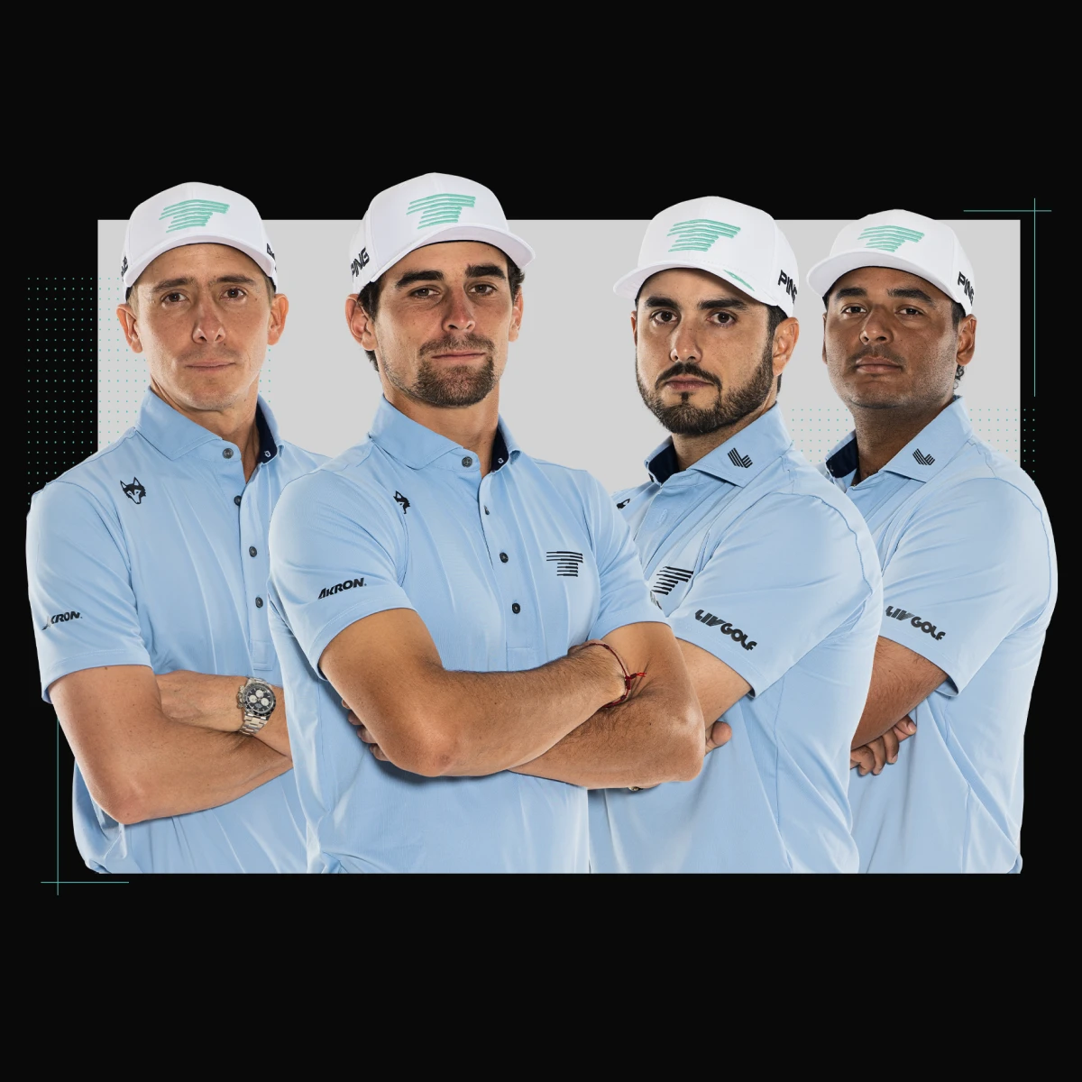 Four golfers in matching blue polo shirts and white caps, standing side by side with arms crossed, against a plain background.