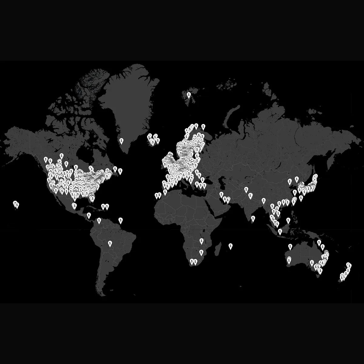World map with numerous white location markers concentrated in the U.S. and Europe, and scattered across other continents.