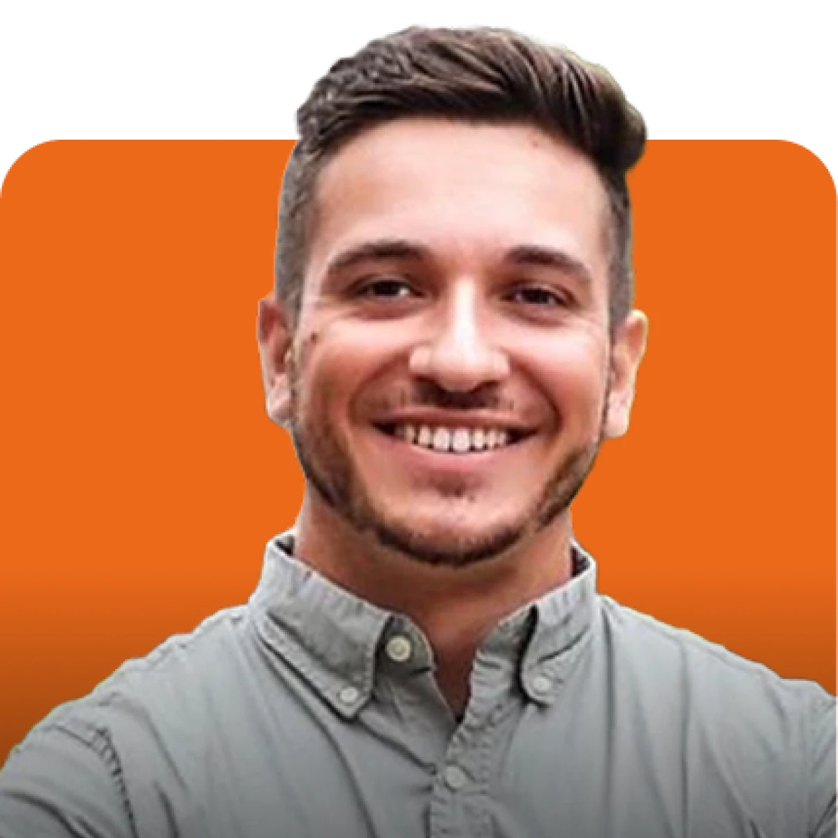 Smiling young man with short dark hair and trimmed beard, wearing a gray button-up shirt against an orange background.