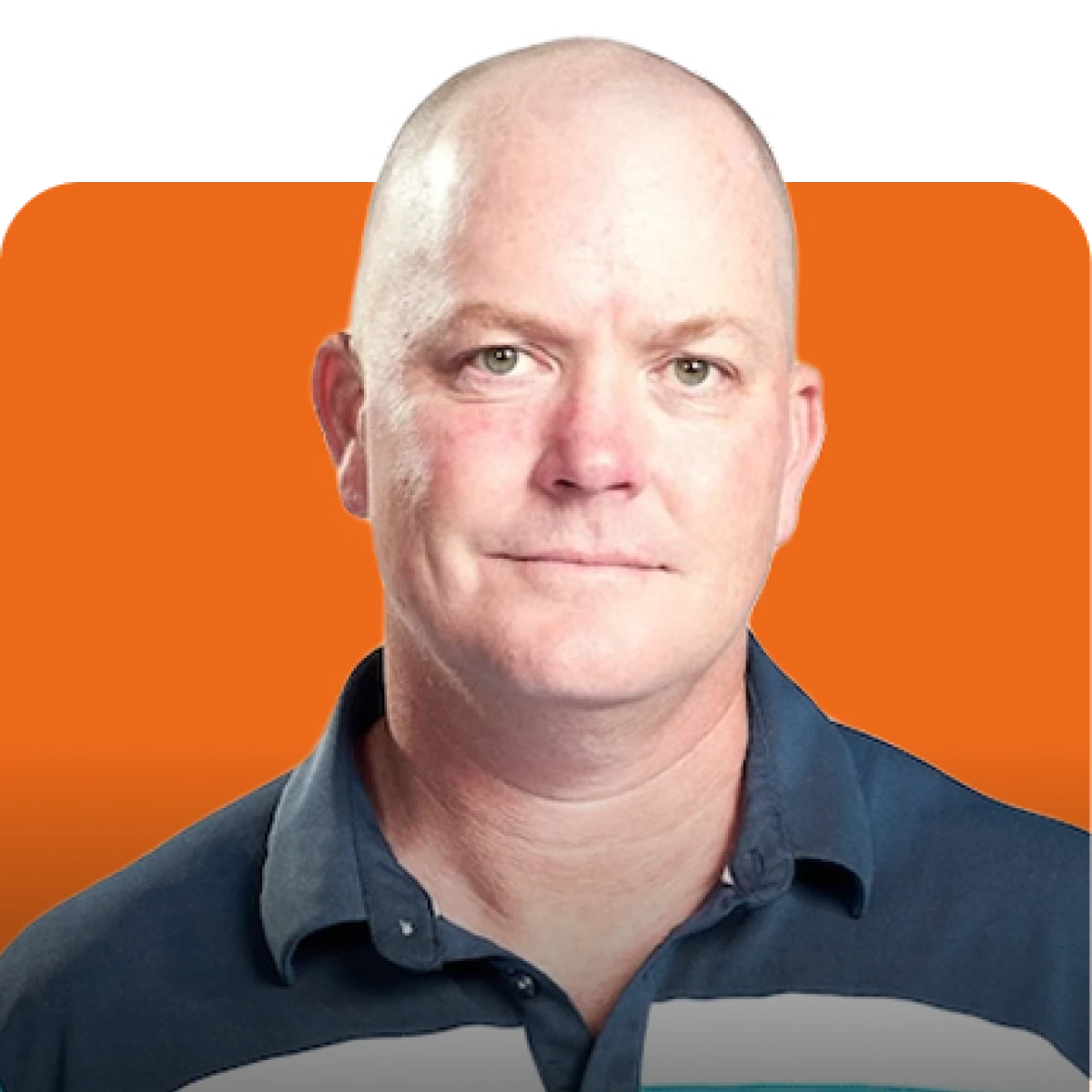 Headshot of a bald middle-aged man in a dark collared shirt with a neutral expression on an orange background.