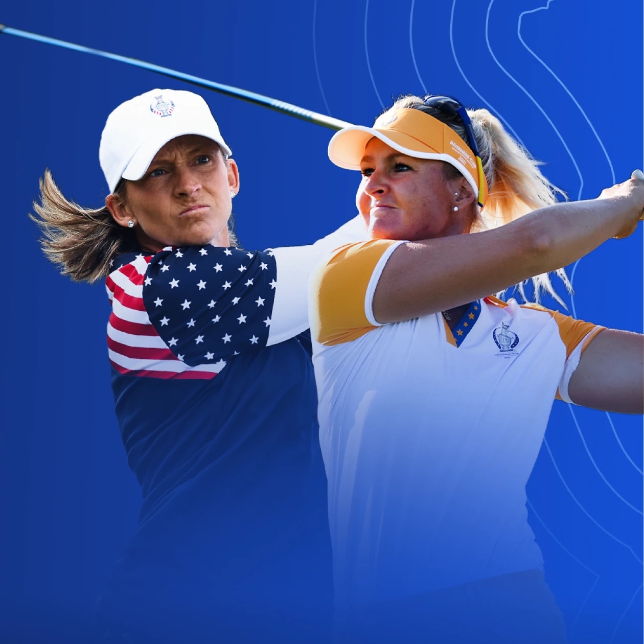 Two female golfers in mid-swing, one wearing a USA-themed shirt, the other in white and orange, against a blue background.