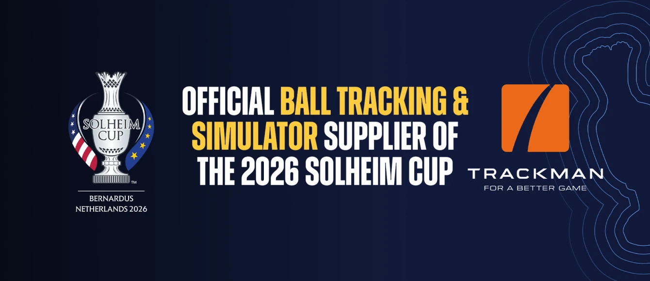 Solheim Cup logo beside text highlighting Trackman as the official ball tracking and simulator supplier for the 2026 Solheim Cup in the Netherlands.