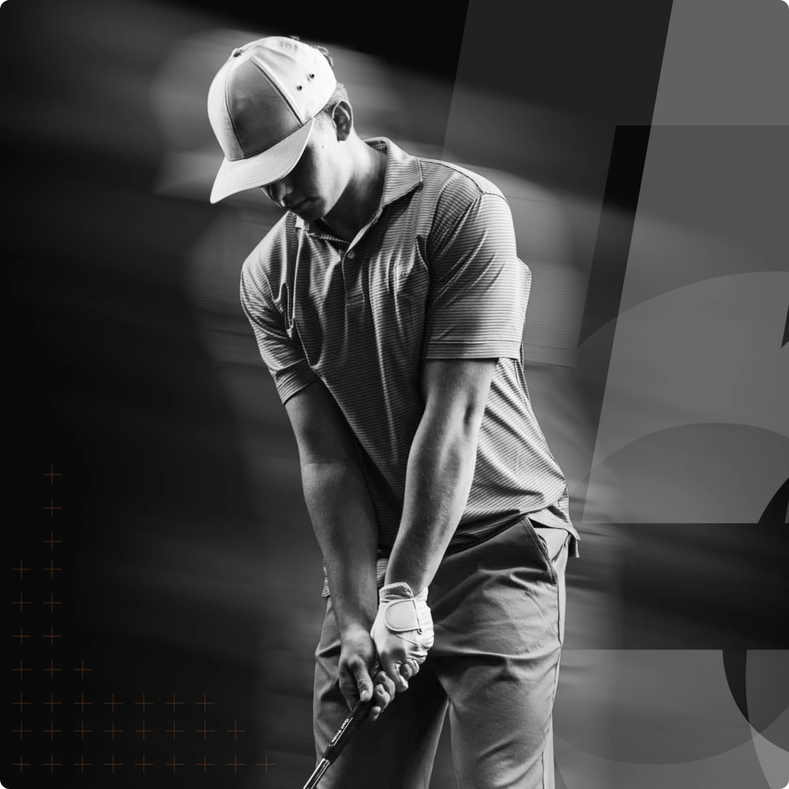 Black and white image of a golfer in mid-swing, wearing a cap and glove, with a dynamic motion blur background.