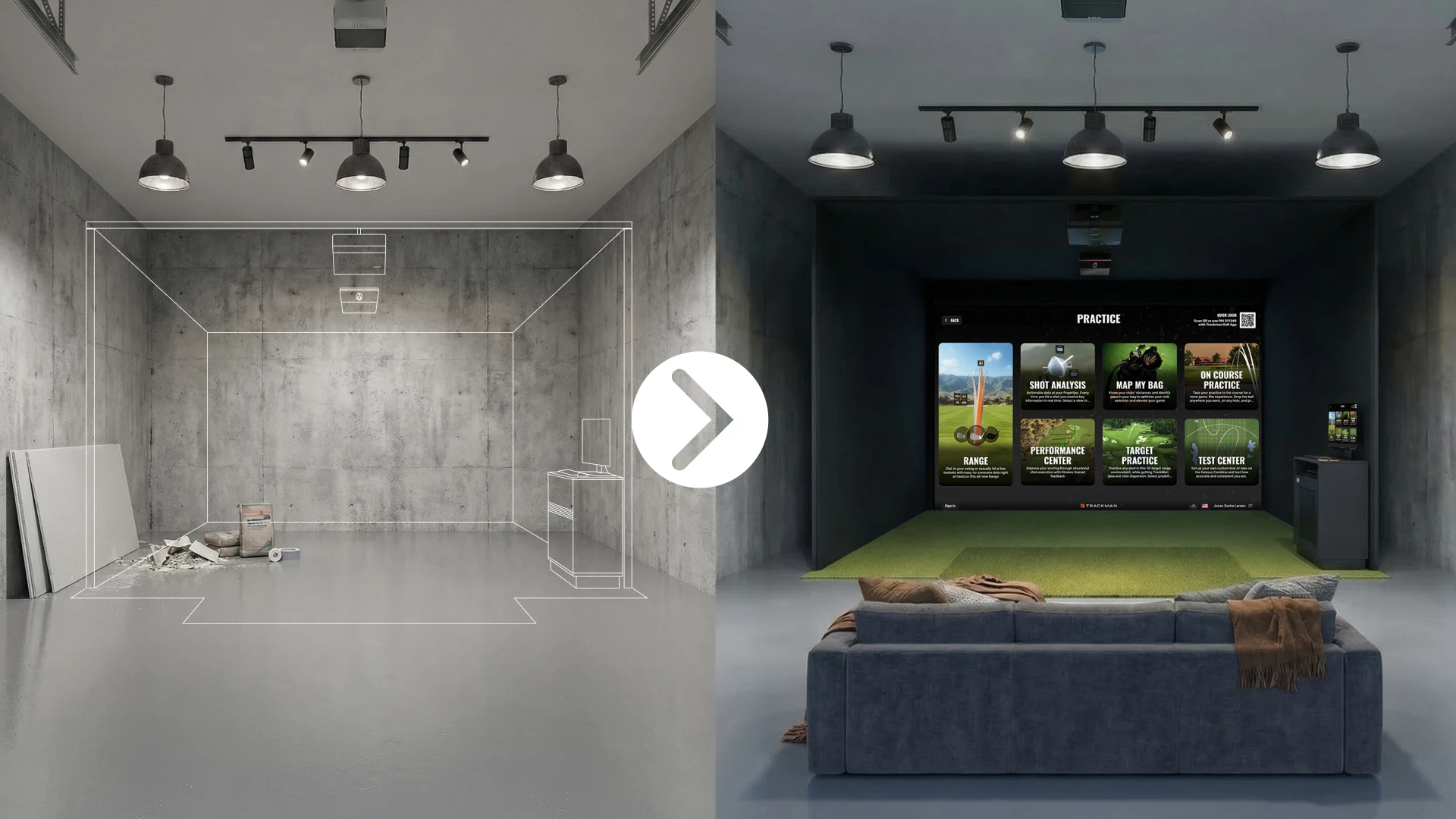 Split image of a room transformation; left shows a bare concrete room, right shows a modern golf simulator setup with screen and couch.