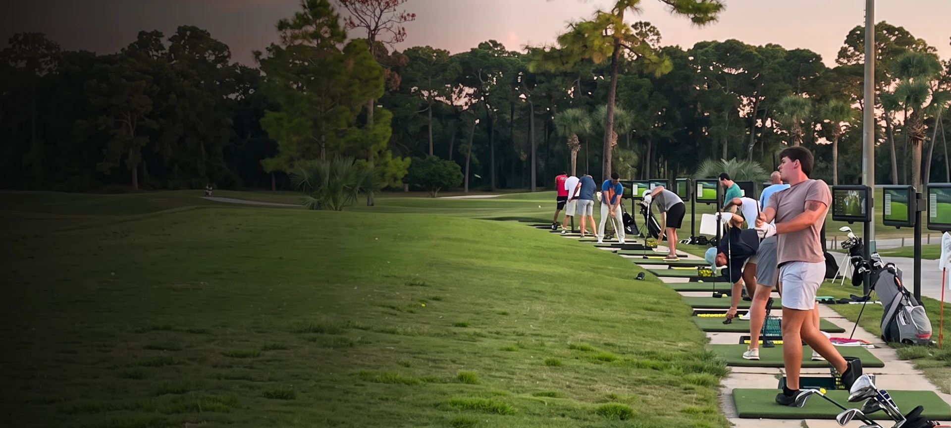 Golfers practice on a driving range, surrounded by lush green grass and trees, under a serene evening sky.