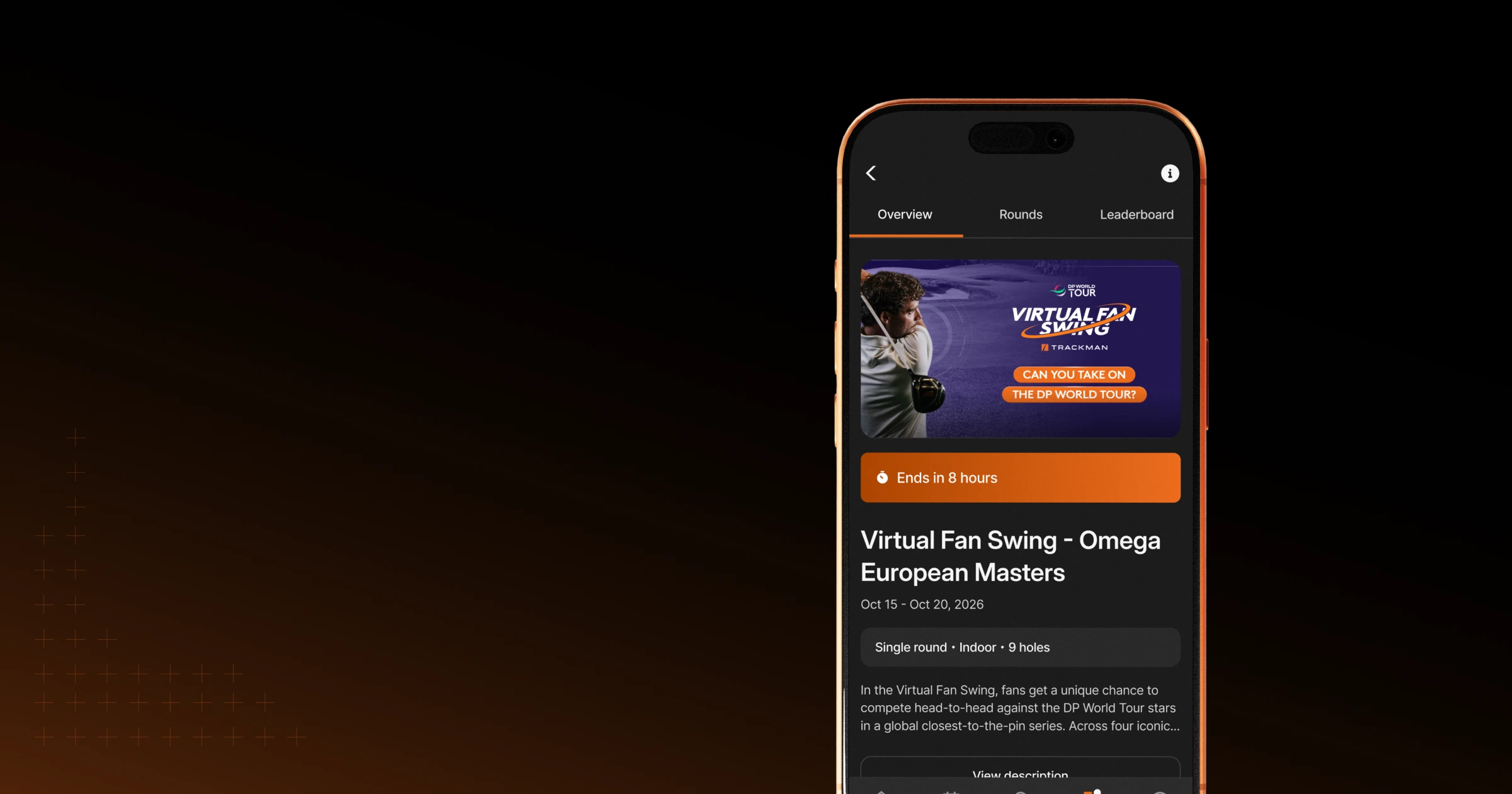 Smartphone displaying a "Virtual Fan Swing - Omega European Masters" event, ending in 8 hours with details about the single-round indoor competition.