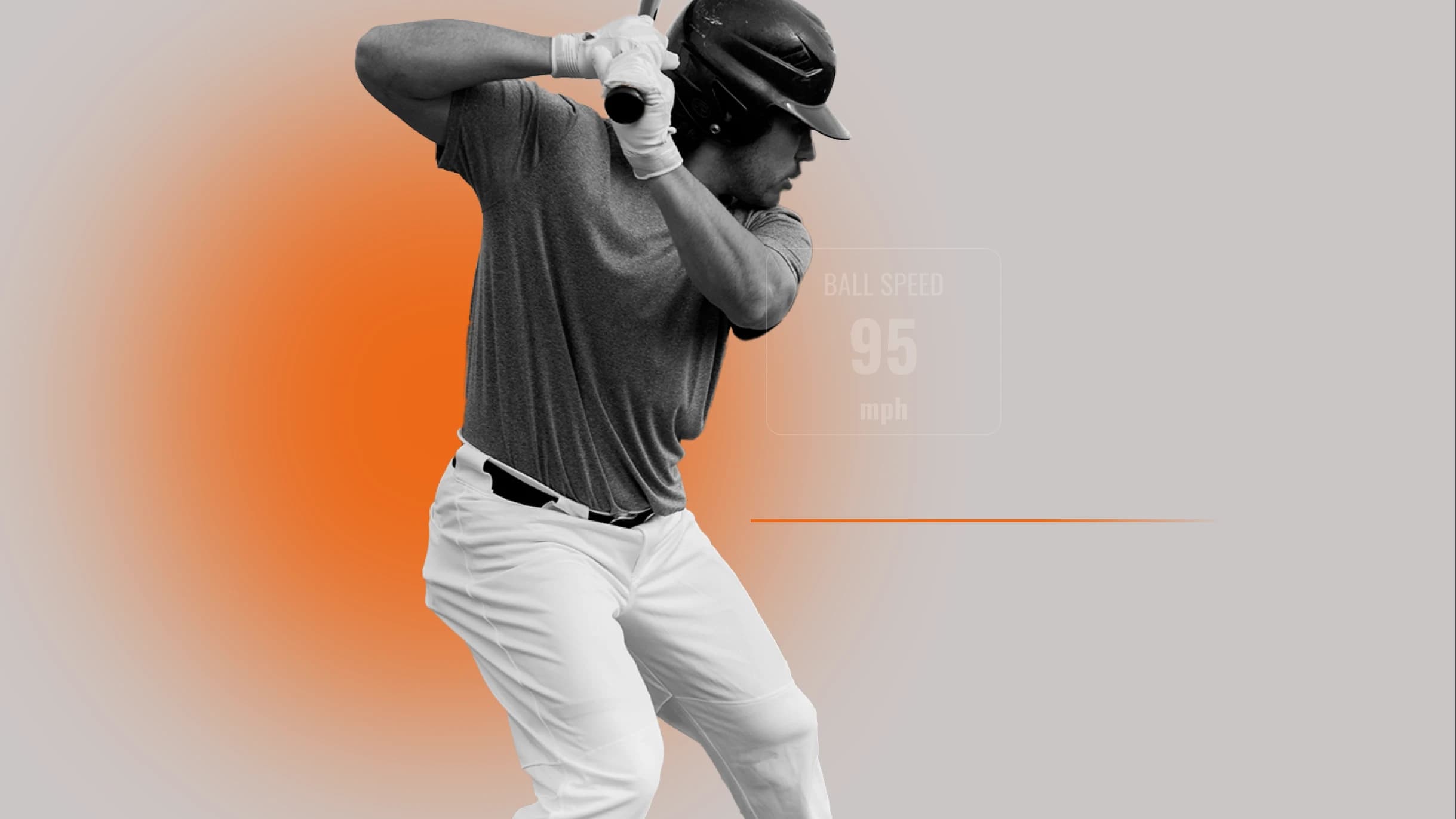 A baseball player in mid-swing against an orange gradient background; text shows ball speed at 95 mph.