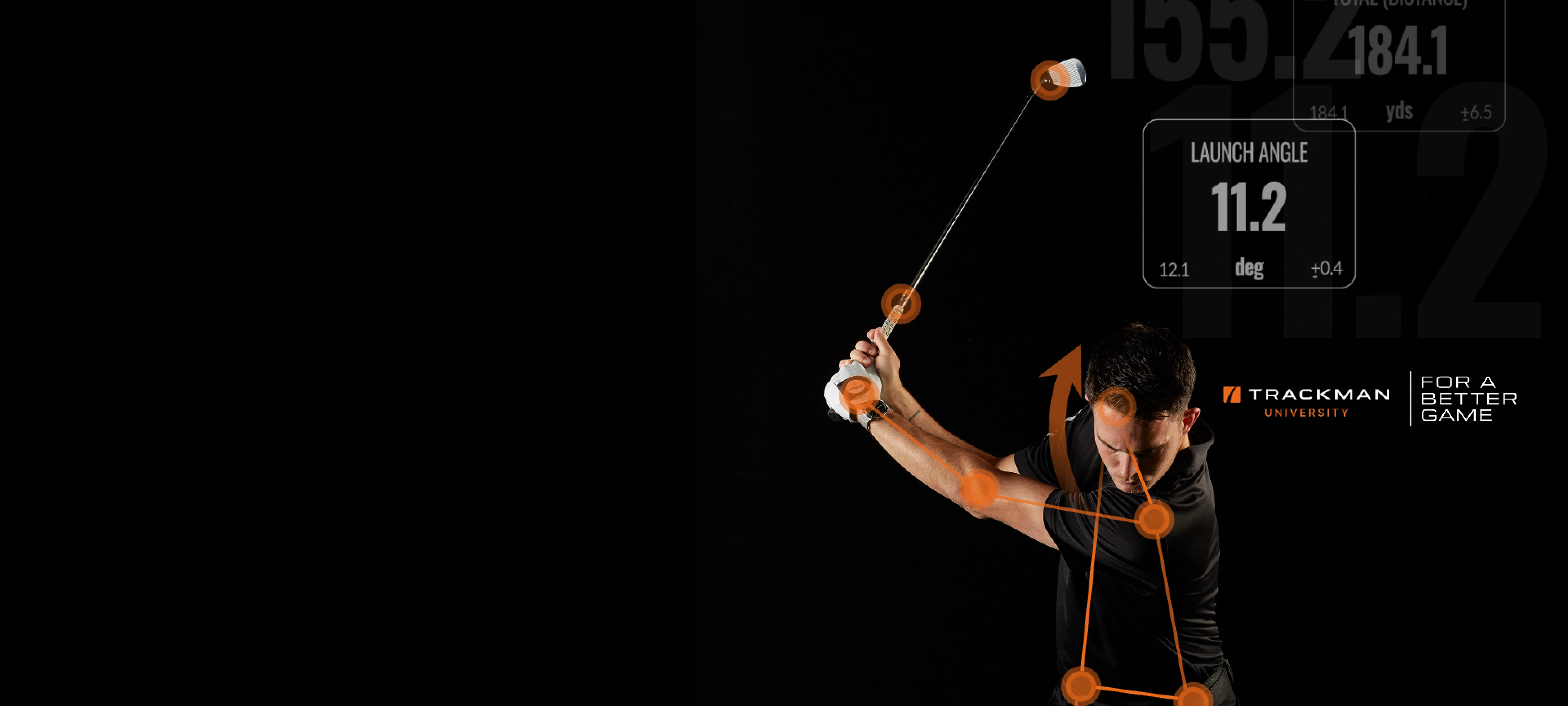 Golfer mid-swing with orange motion-tracking markers and lines, TrackMan University logo and "Launch angle 11.2°" on black background.