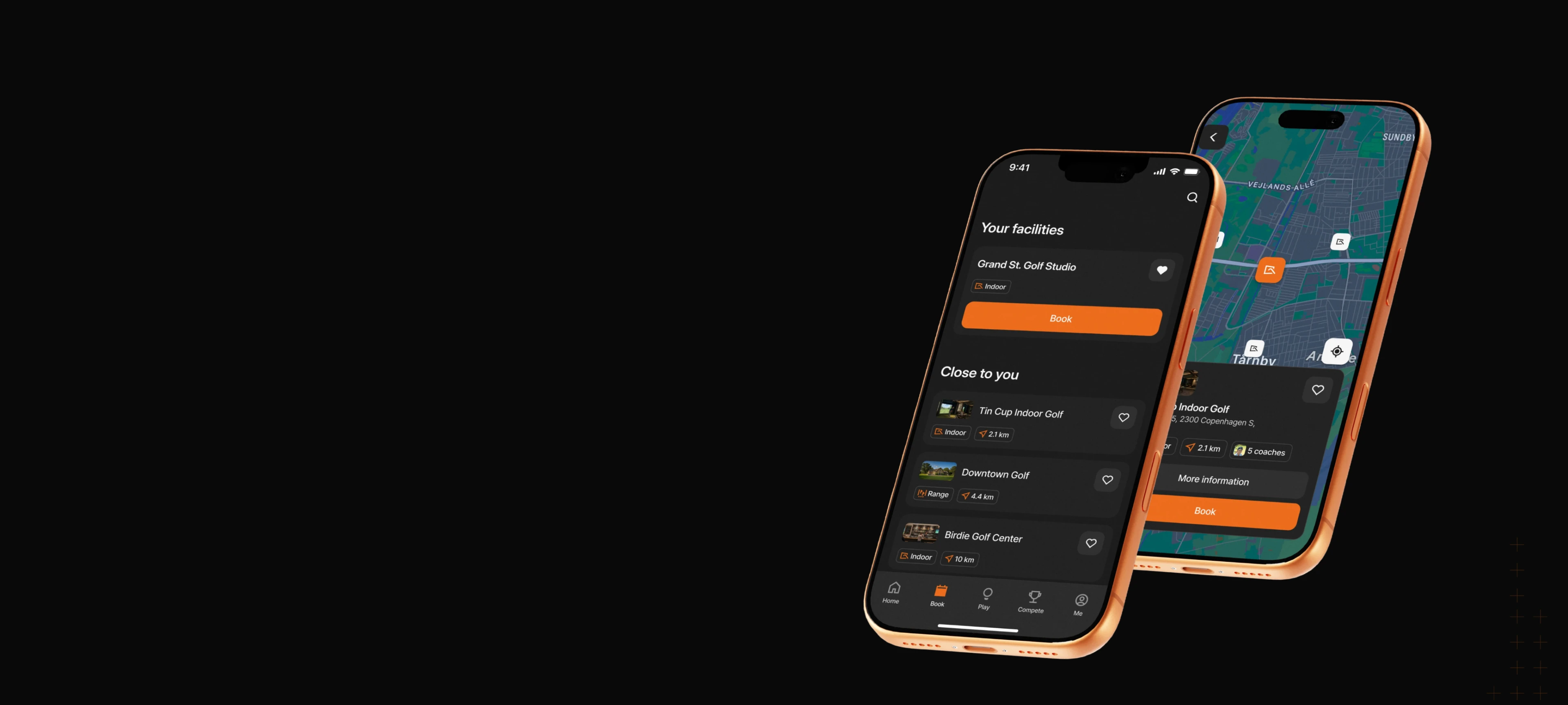Two smartphones display an app interface for booking golf facilities, including nearby locations with a map feature.