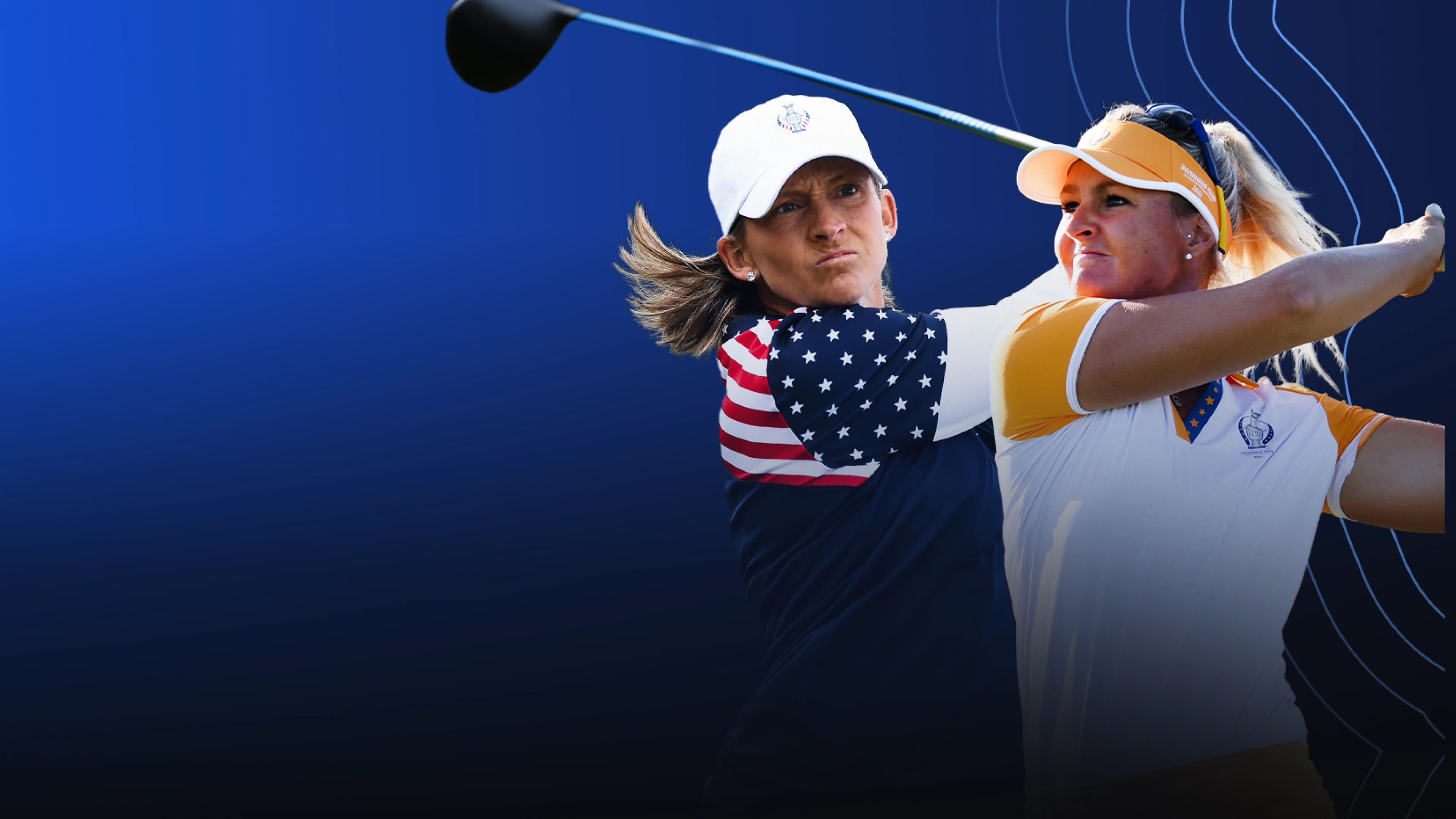 Two female golfers in action, one wearing a USA-themed outfit and the other in white and yellow with a visor, set against a dark blue background.