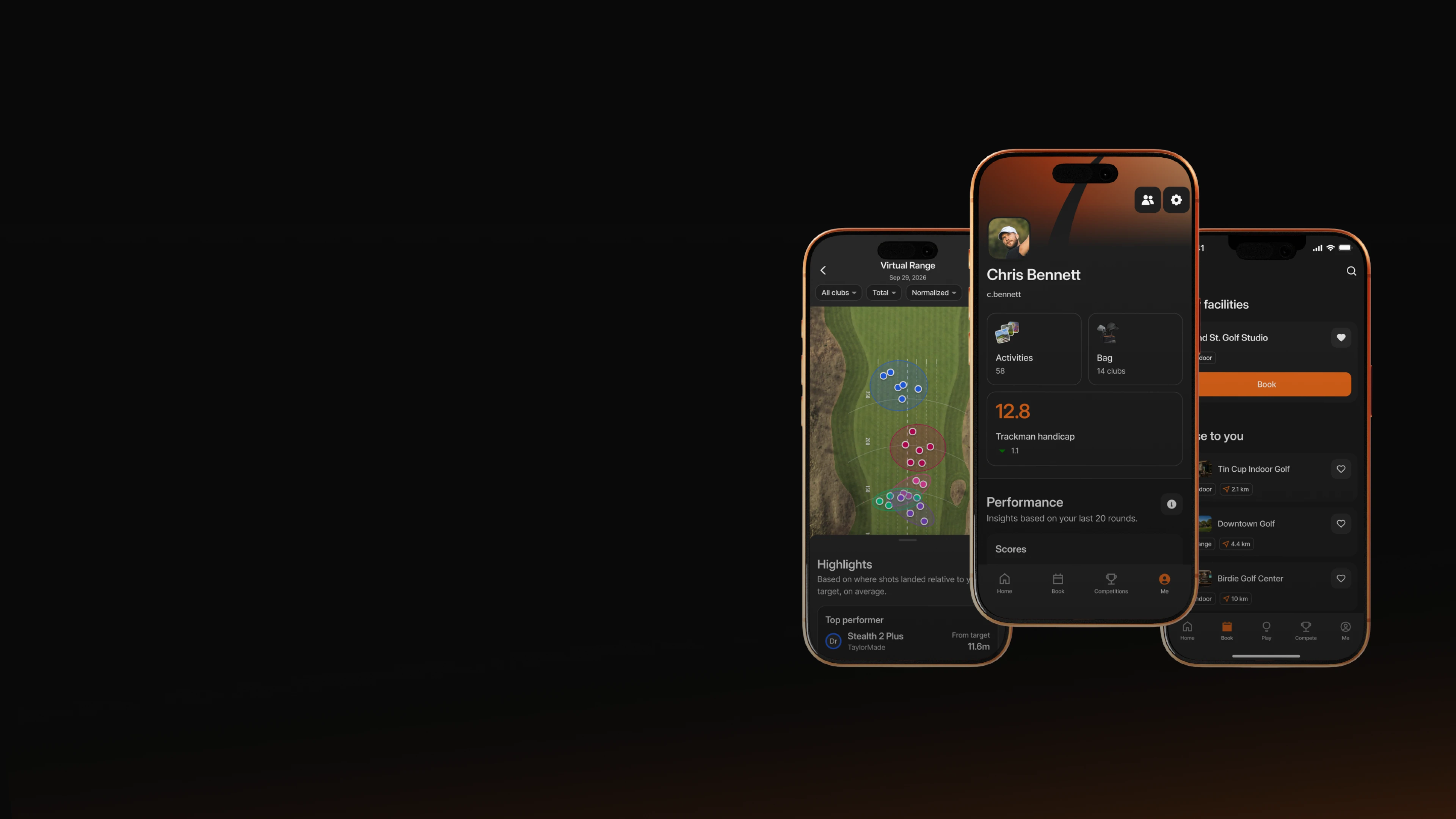 Three smartphone screens displaying a golf app interface with player stats, map visuals, and booking options on a black background.