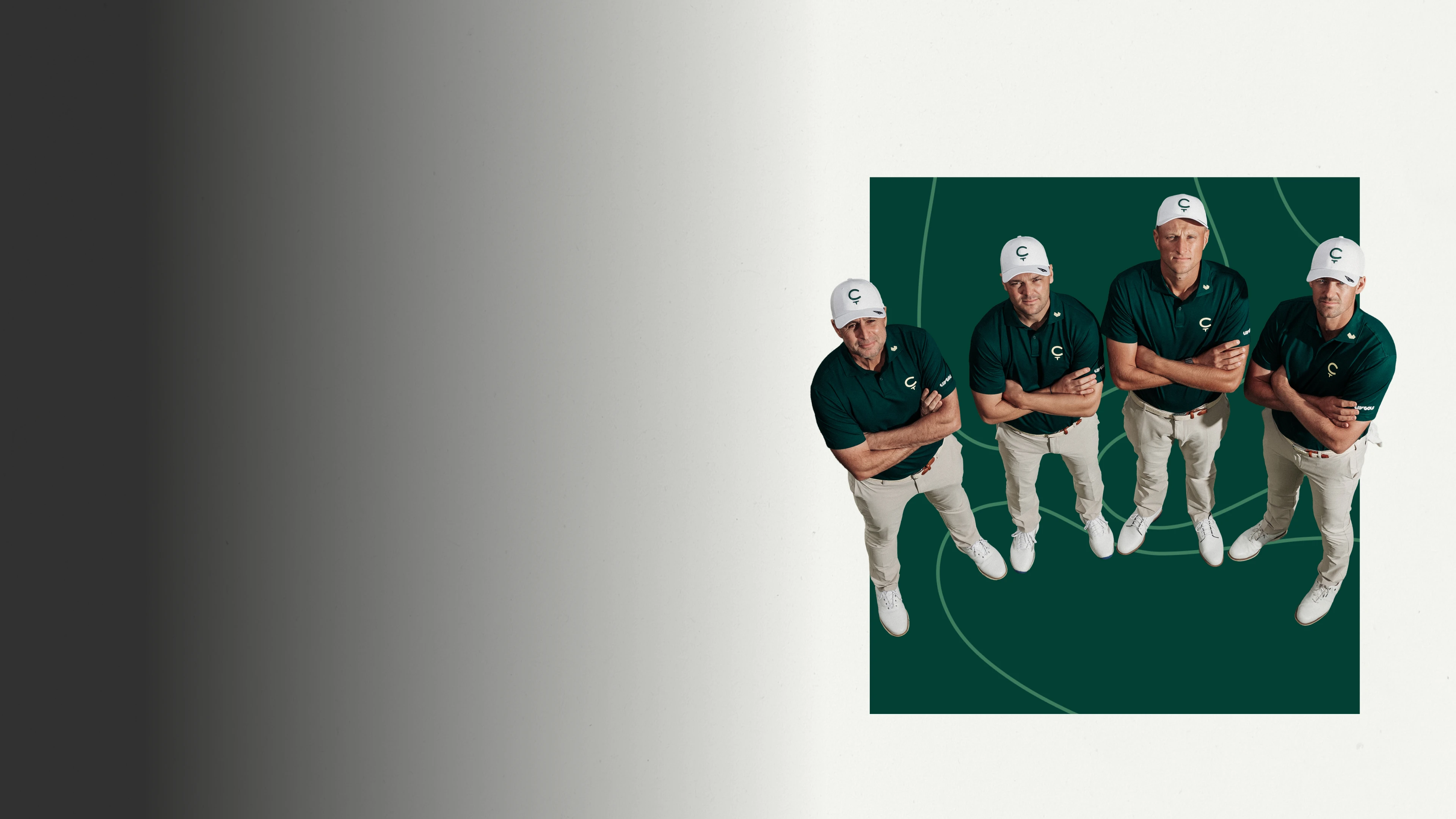 Four golfers in green shirts and white caps stand against a green and white background, with a gradient transition to black on the left.