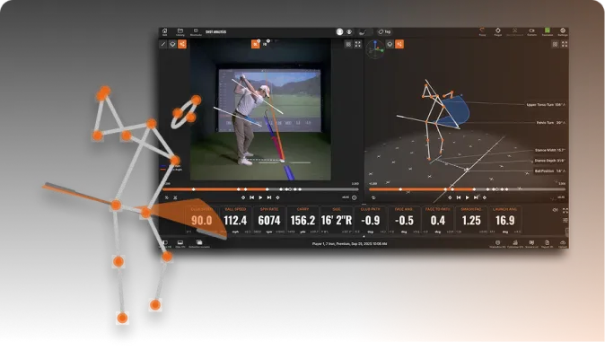 3D motion capture of a golf swing, featuring a stick figure diagram and data analysis display, highlighting swing angles and metrics.