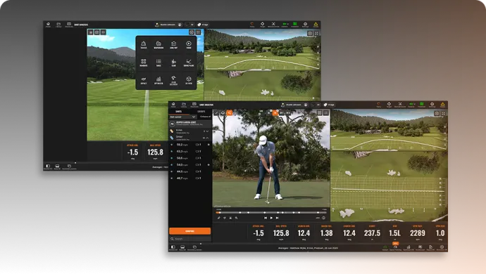 Two screens display golf simulation software with detailed metrics and a golfer preparing to swing on a virtual course.