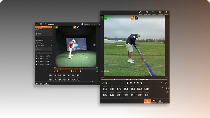 Two digital screens displaying golf swing analysis software, showing a golfer indoors and another on a golf course with performance metrics.