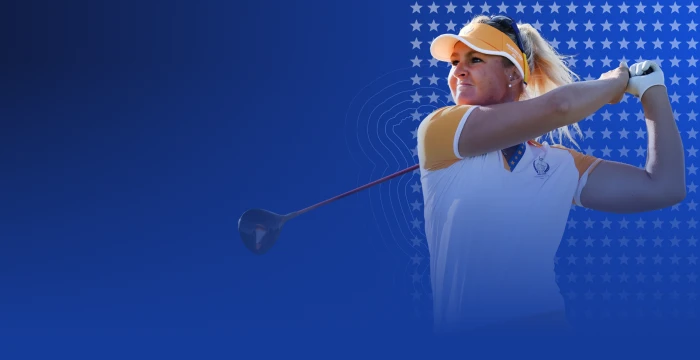 A golfer in a white and yellow uniform swings a club against a blue background with white stars.