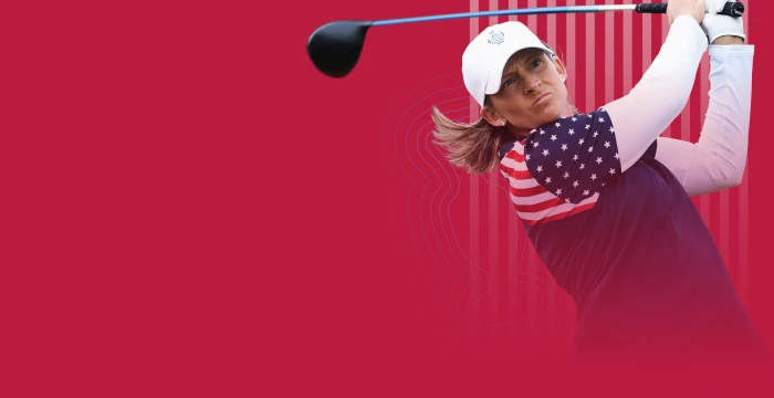 Golfer in mid-swing wearing a white cap, with a background featuring a red hue and subtle striped design.